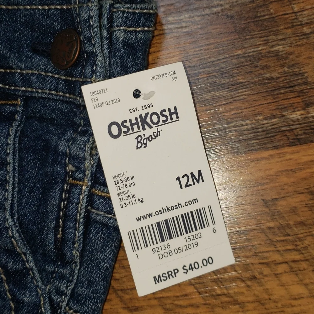 Oshkosh B'Gosh Vestbak Logo Graphic Blue Denim Overalls, Size 12 Months